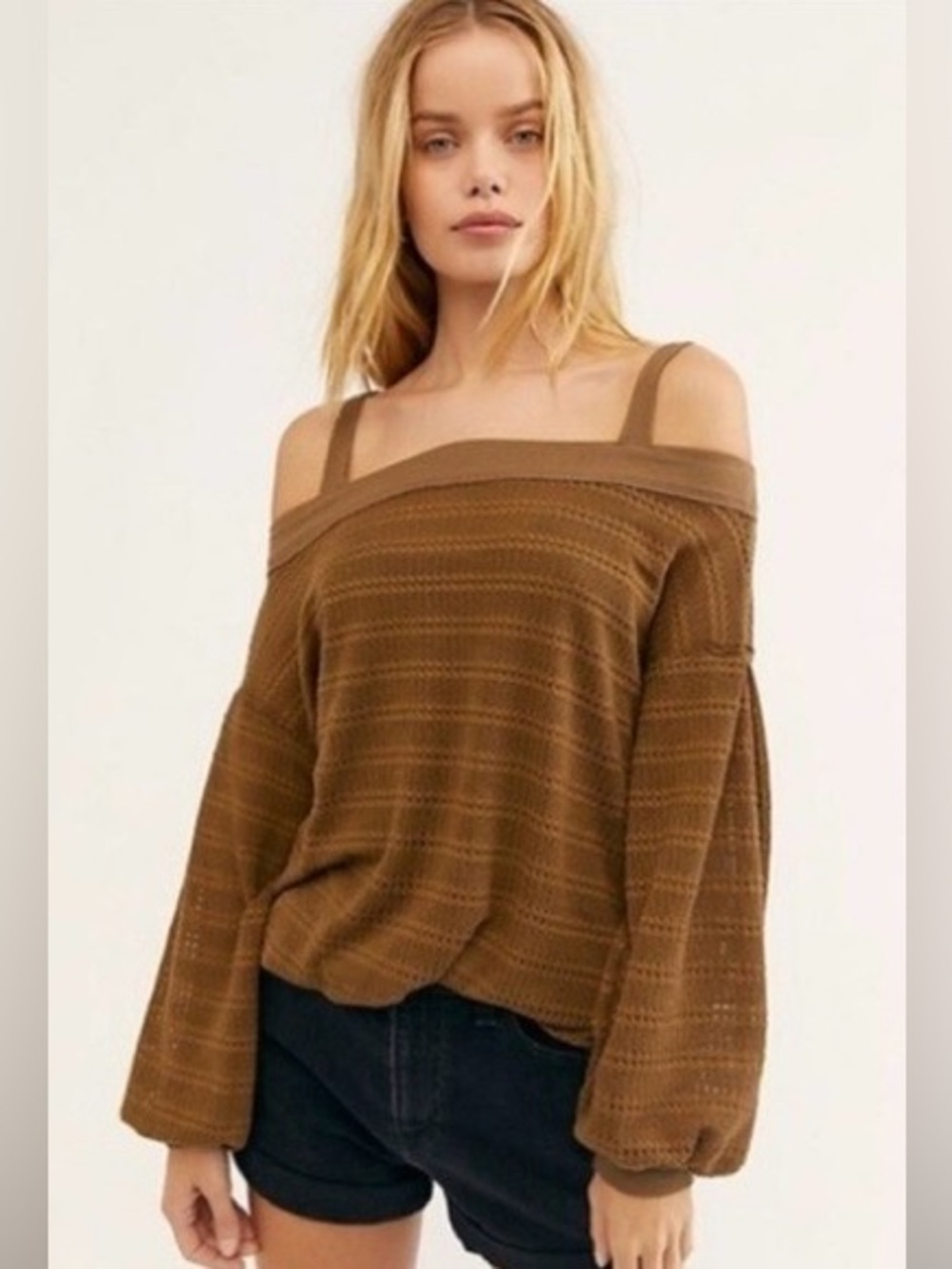 Free People Sistine Hacci Cold Shoulder Balloon Sleeve Top Brown Size Small